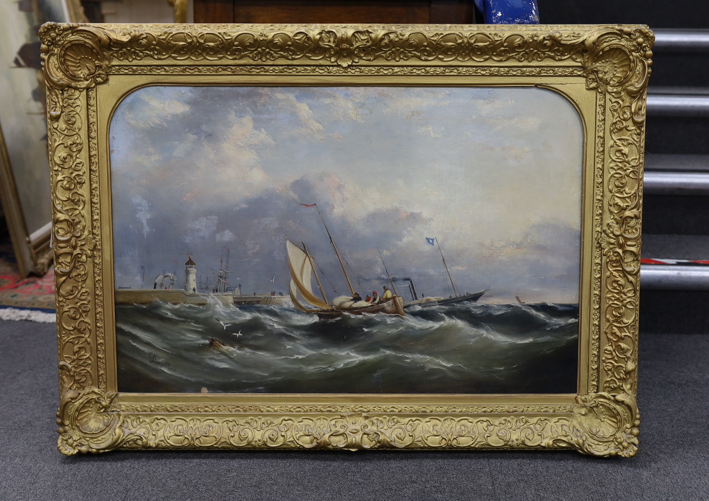 Circle of Clarkson Frederick Stanfield (1793-1867), oil on canvas, Fishing boat and paddlesteamer leaving harbour, bears signature and date 1860, 50 x 75cm